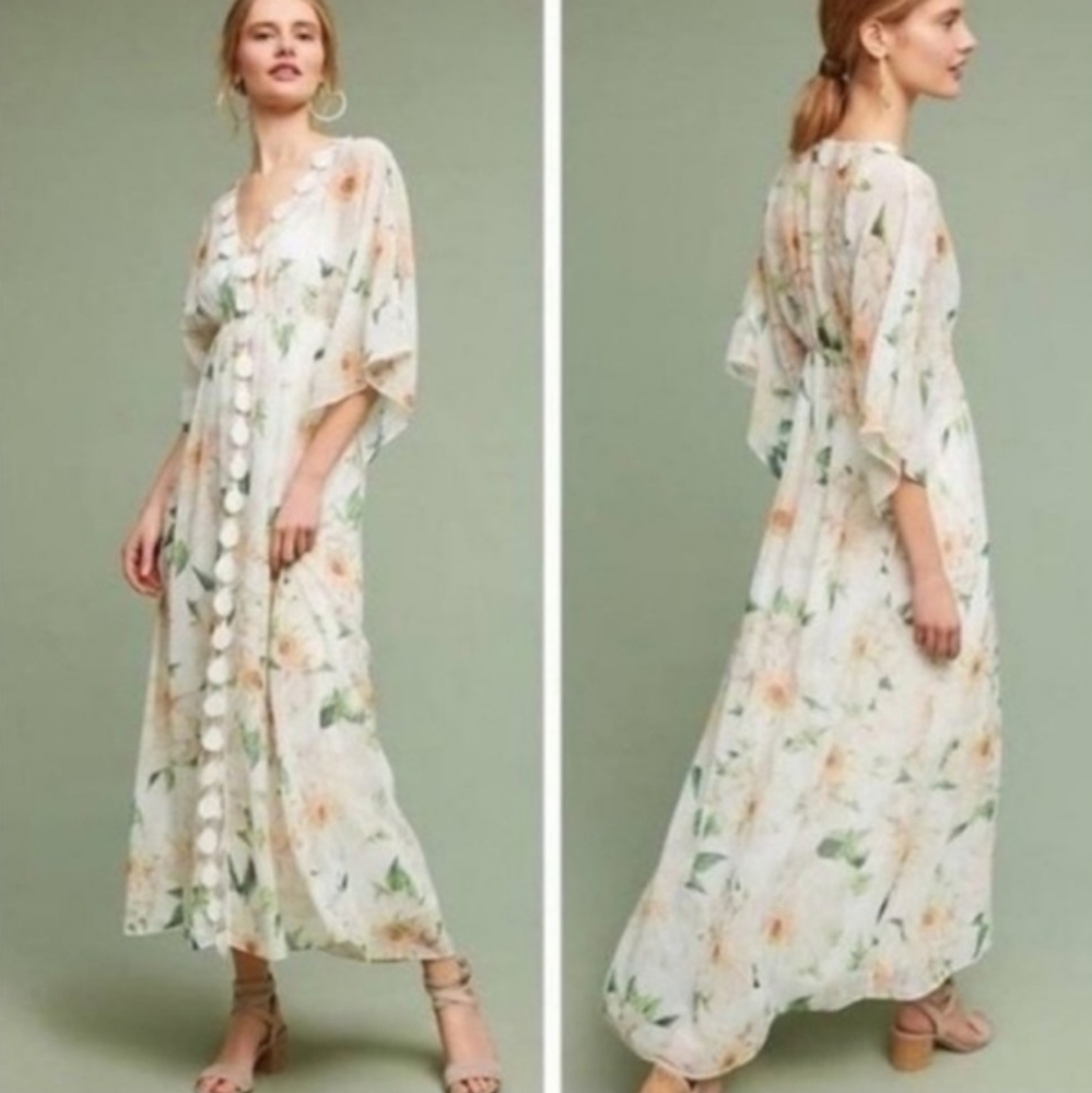 Farm Rio Dahlia Whimsical Fairy Romantic Flowy Barefoot Wedding Maxi Dress Sz LP
